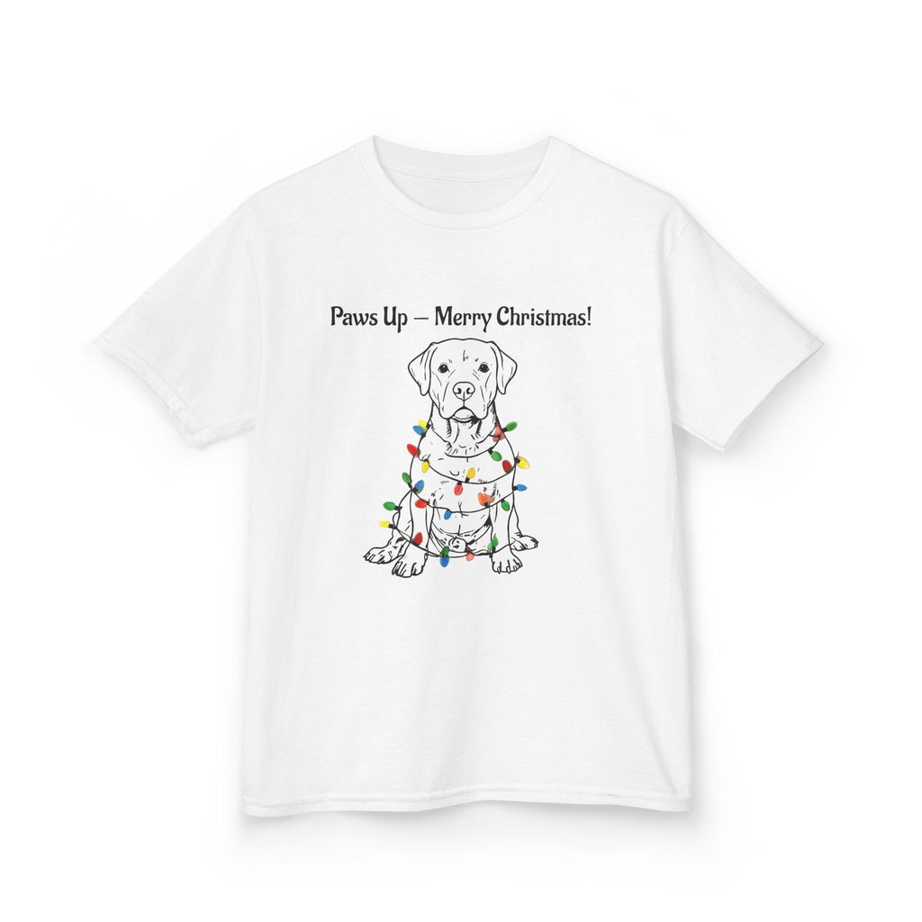Kids white tee with dog wearing Christmas lights graphic, crew neck.