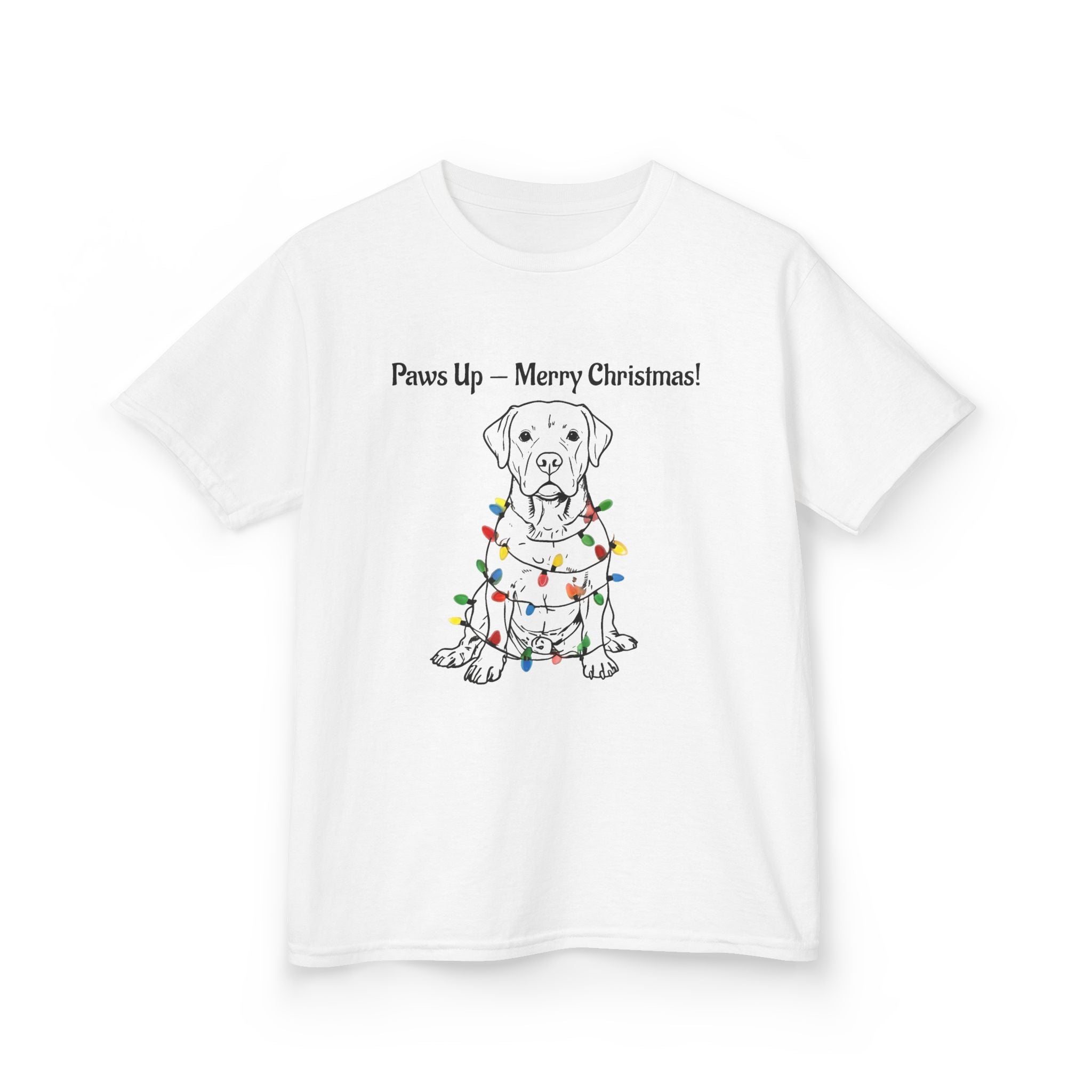 Kids white tee with dog wearing Christmas lights graphic, crew neck.