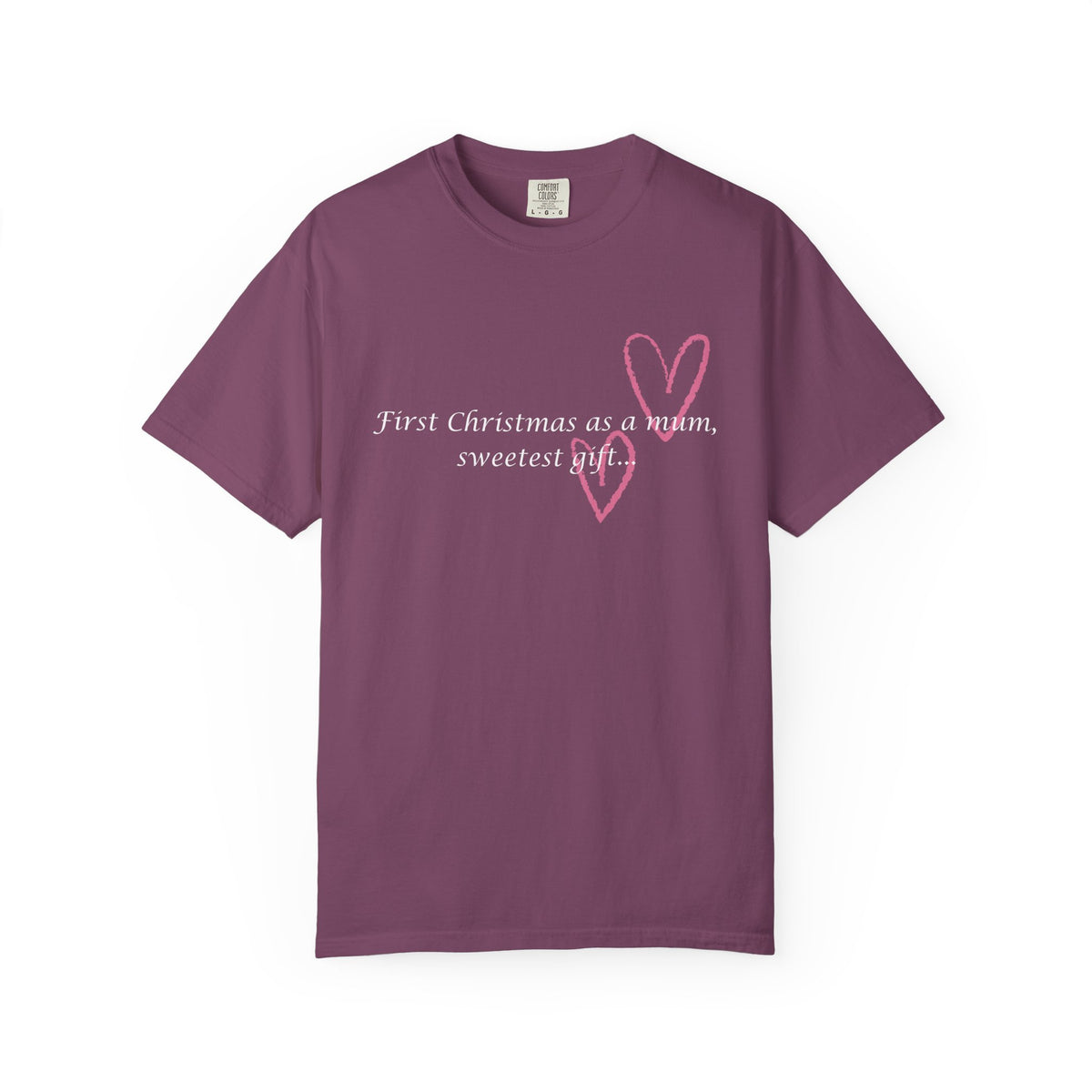 Berry purple women's Christmas mum T-shirt with pink heart graphic and 'sweetest gift' text
