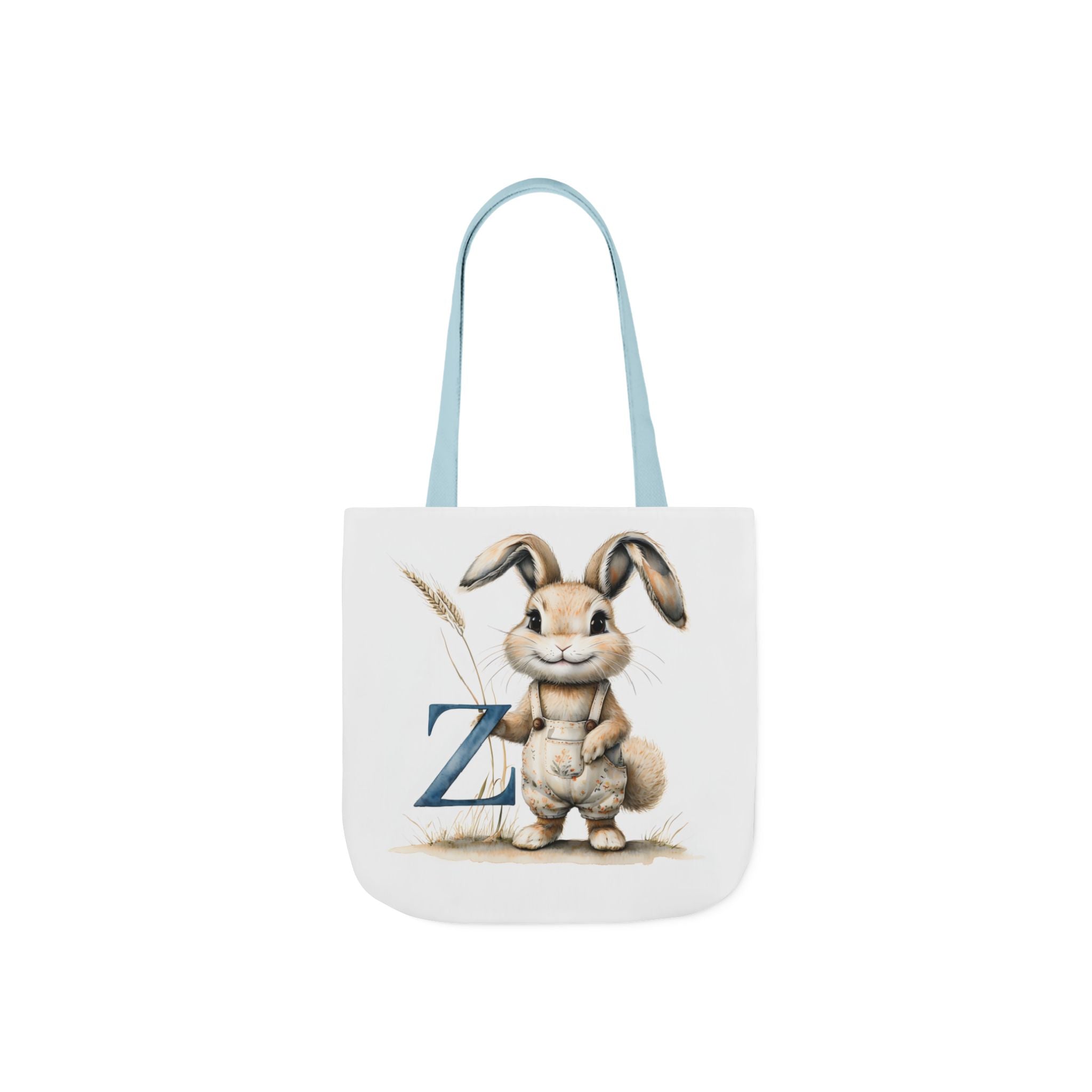 Canvas tote bag with rabbit and letter Z graphic, light blue shoulder straps