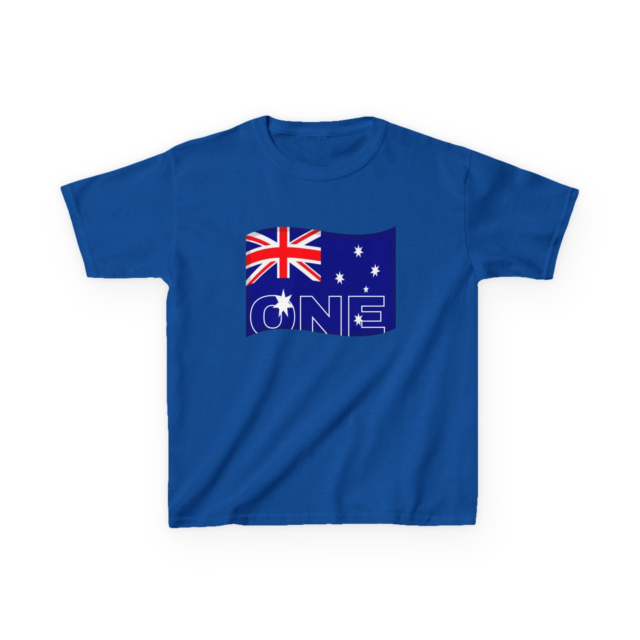 Kids royal blue tee with Australian flag "ONE" front graphic