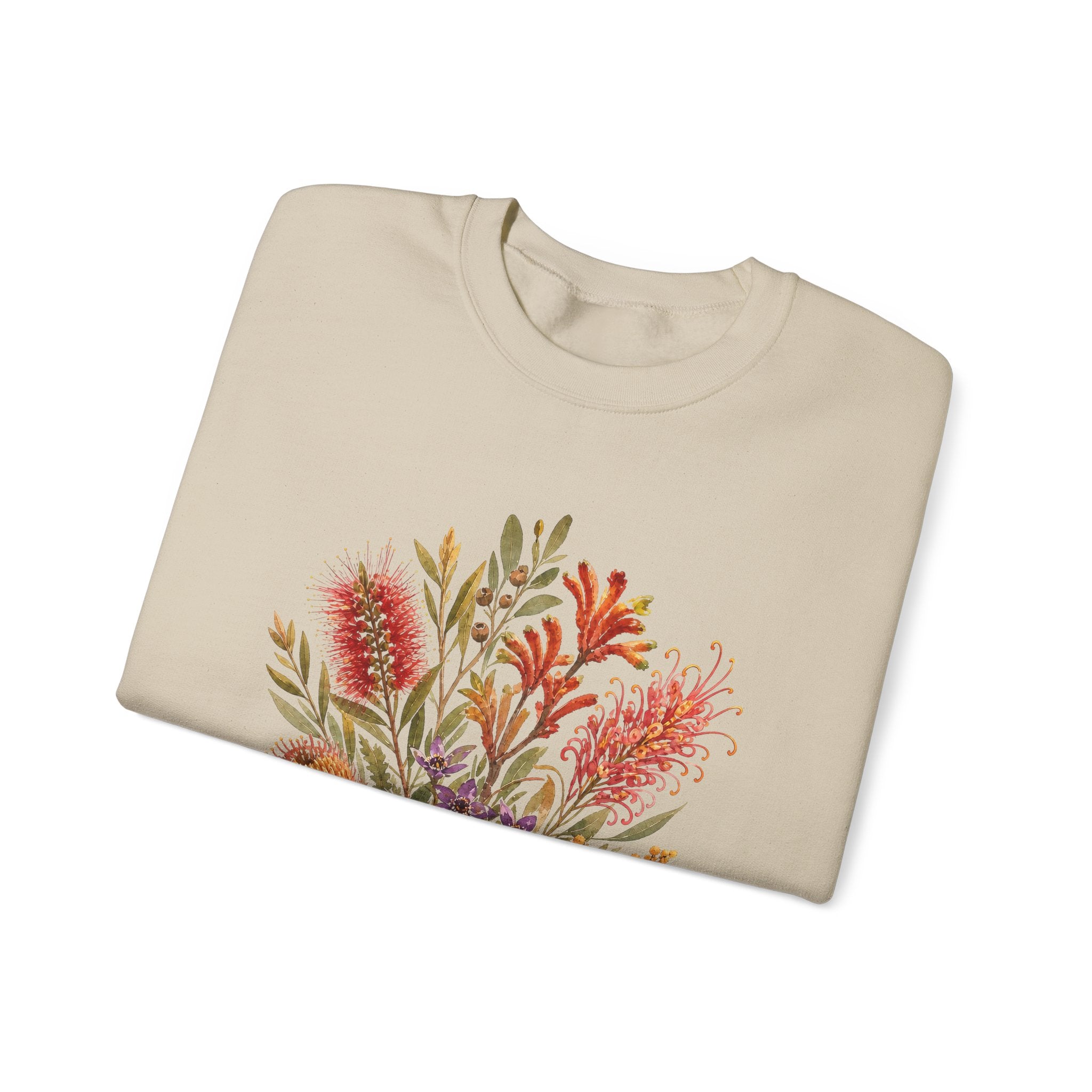 Beige crewneck sweatshirt with colorful floral bouquet graphic on the chest.