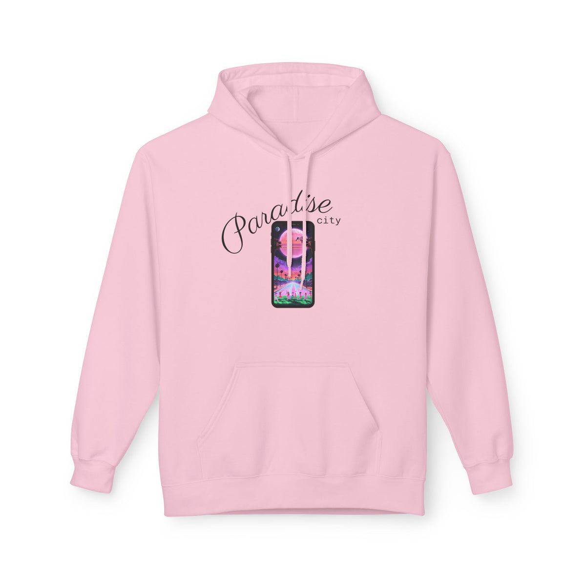Light pink pullover hoodie with chest graphic, hood, and front pocket
