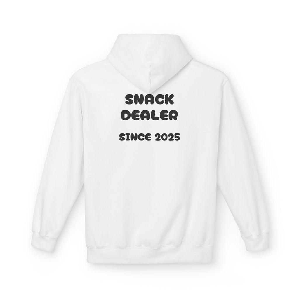 White hoodie with 'SNACK DEALER SINCE 2025' front print, hood and kangaroo pocket