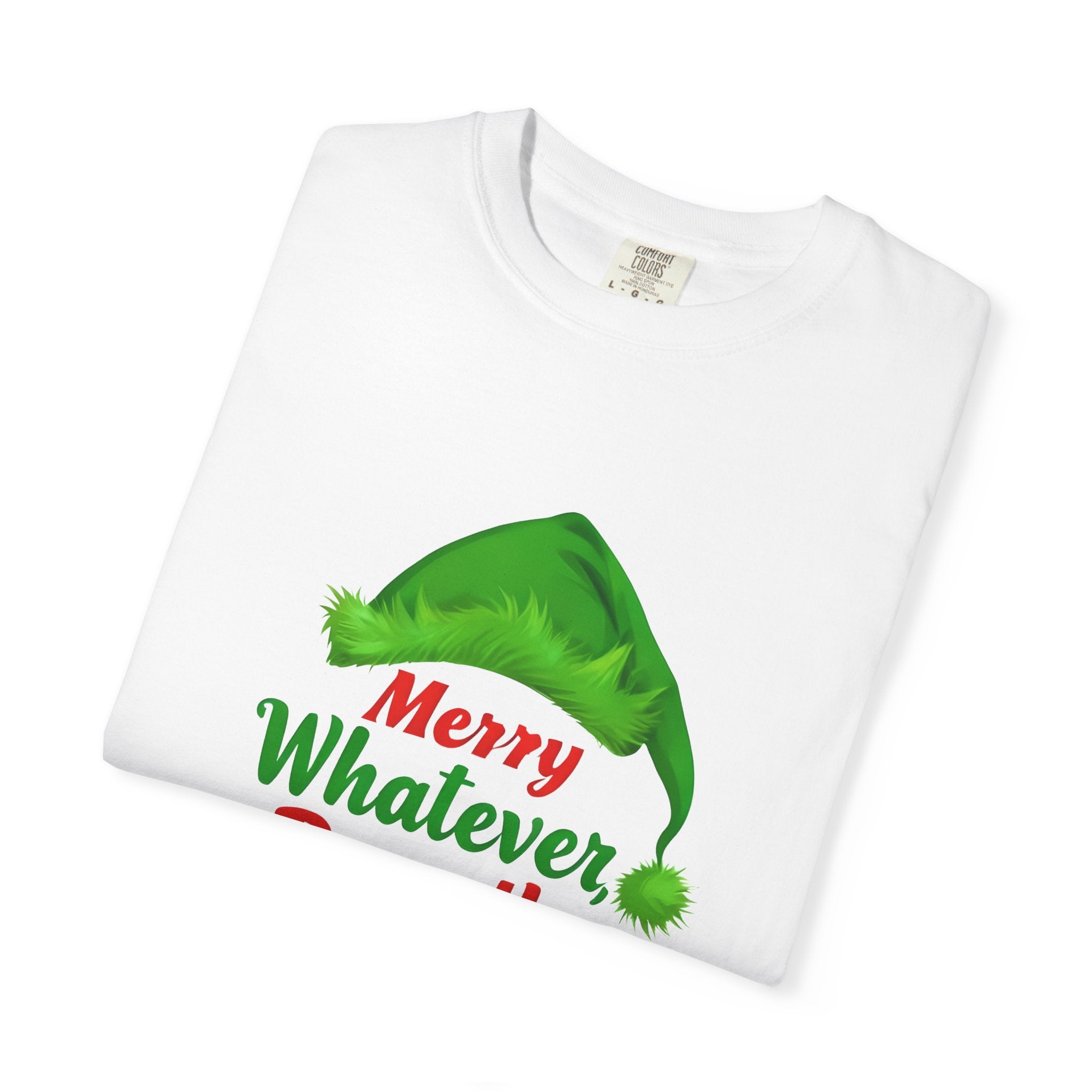 White crew-neck T-shirt with green Santa-hat 'Merry Whatever' front print