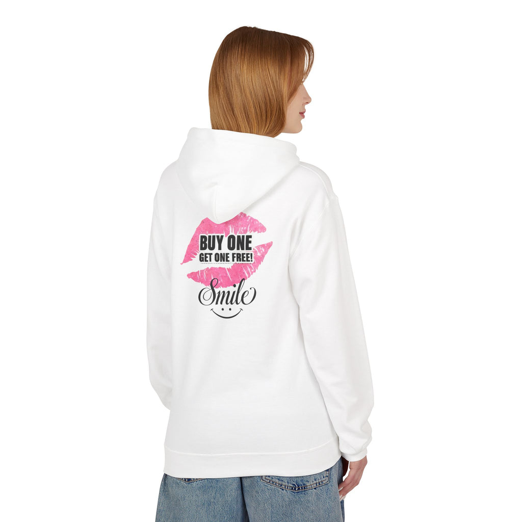 White hoodie with pink 'Buy One Get One Free' Smile back graphic print