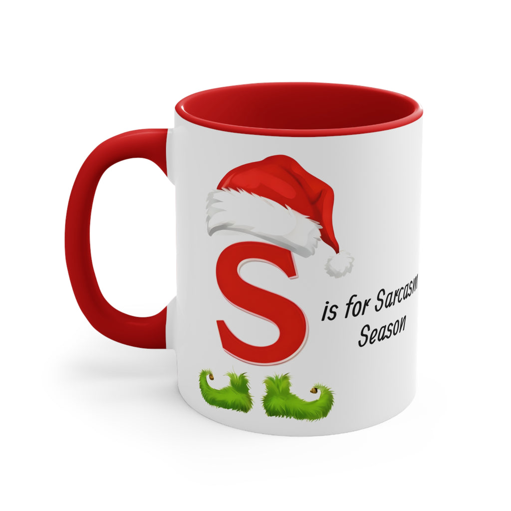 Ceramic coffee mug, white with red handle; red 'S' and 'Sarcasm Season' text