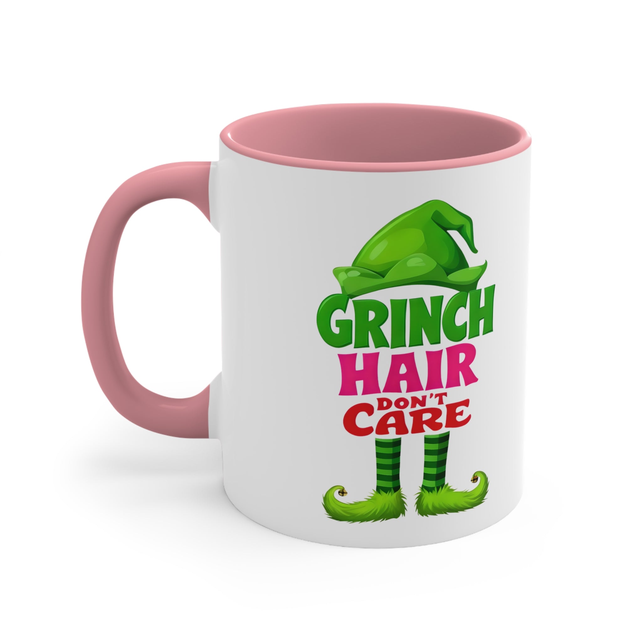 Christmas accent mug, white with black handle and rim; Grinch 'Hair Don't Care' design