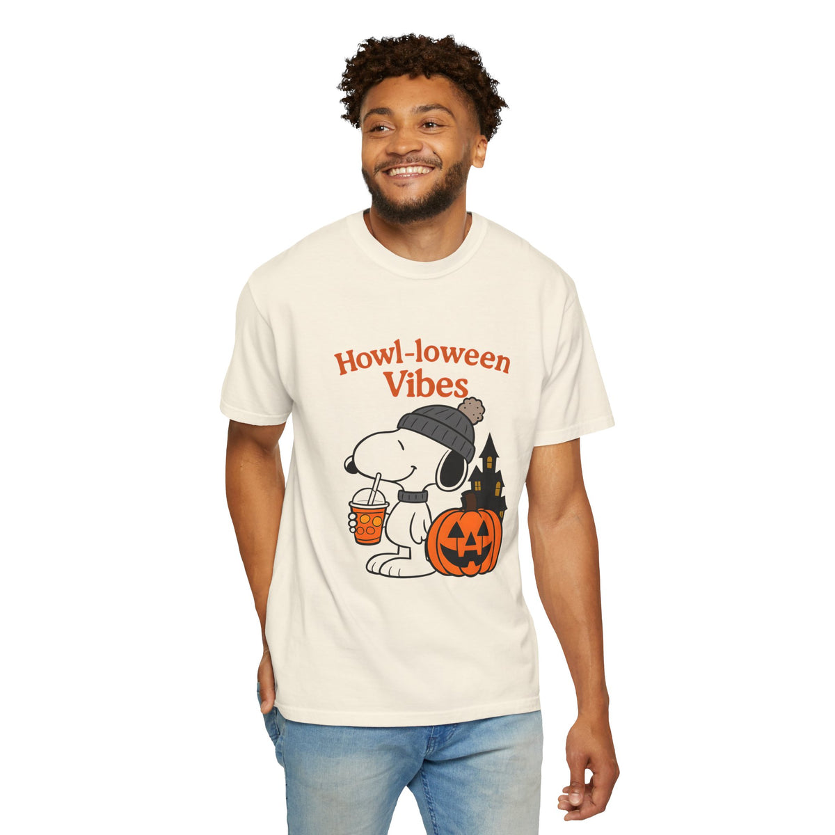Ivory graphic t-shirt with 'Howl-oween Vibes' ghost and jack-o'-lantern print