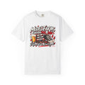 White crewneck T-shirt with front retro “Model Farms” class graphic logo print