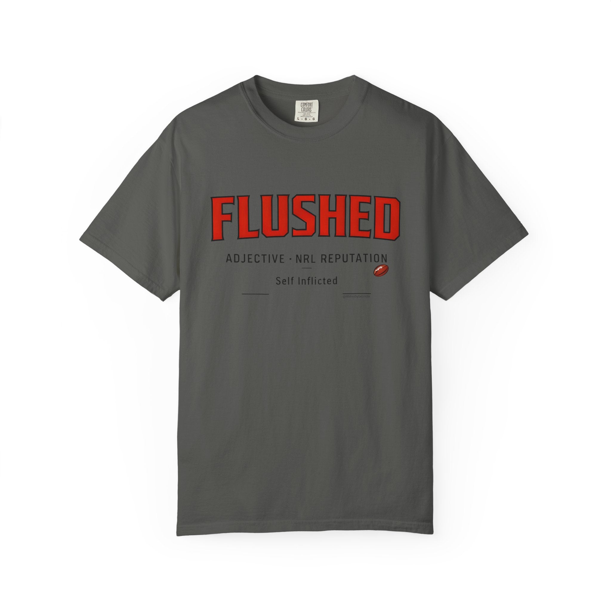 Dark grey graphic T-shirt with red FLUSHED definition print on front