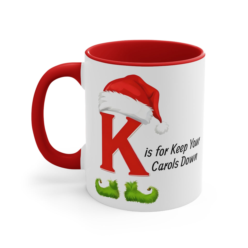 White mug with red handle and red inside rim, large red K with Santa hat.