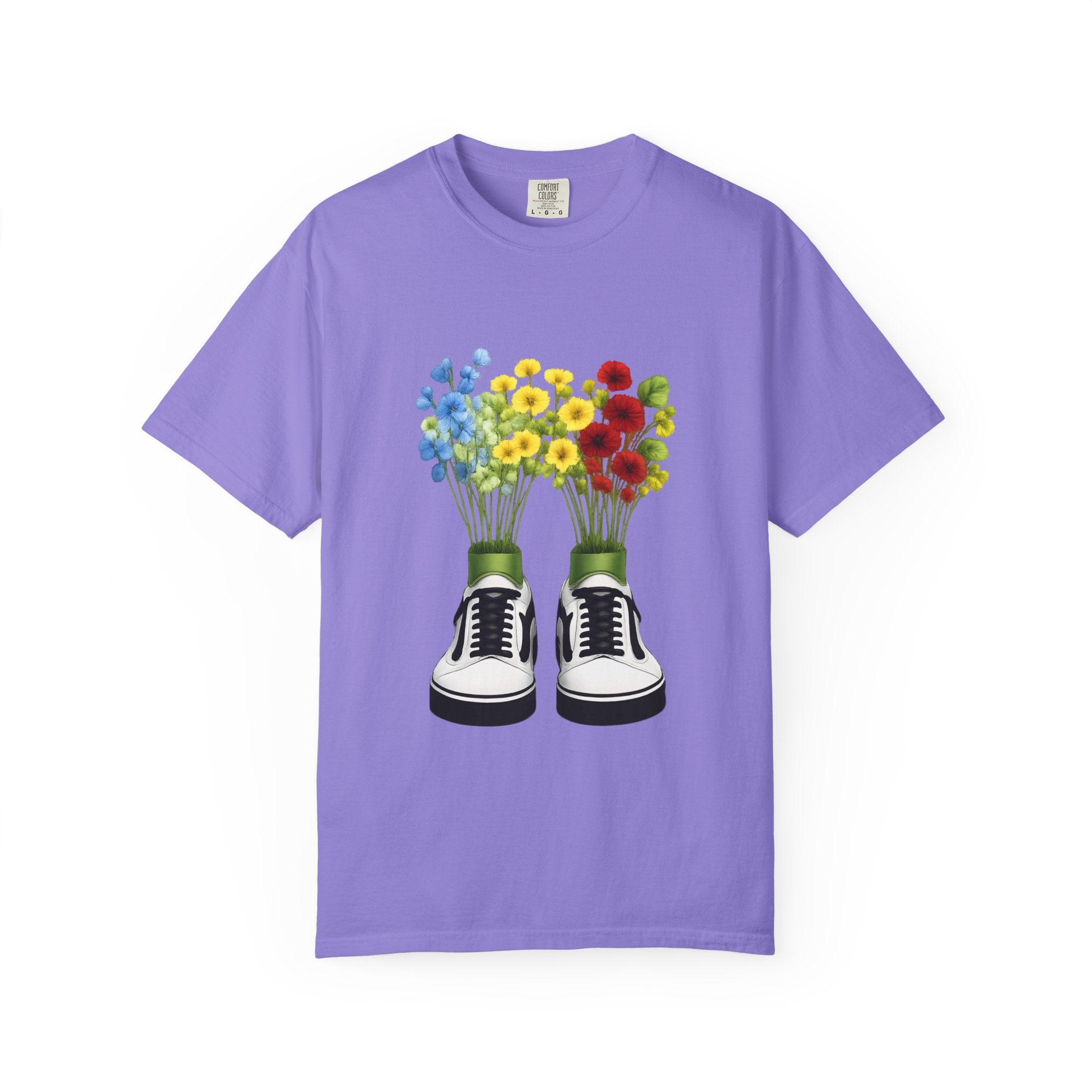 Purple T-shirt with sneaker-and-flower bouquet graphic centered on the front