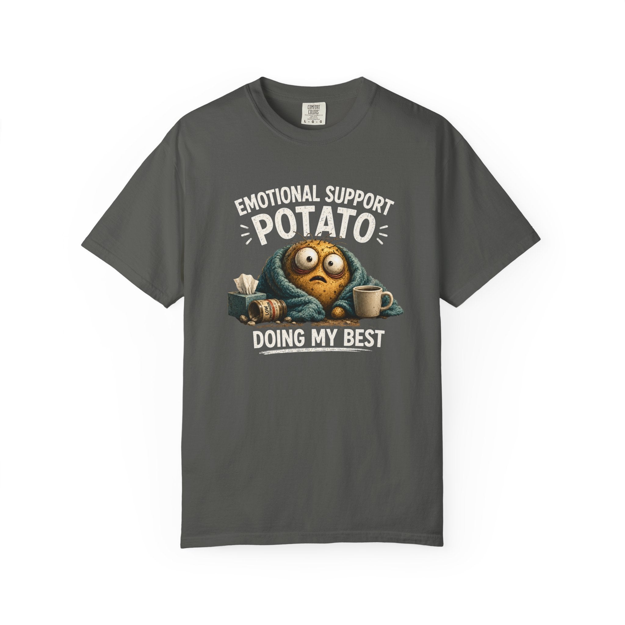 Dark gray Emotional Support Potato T-shirt with 'Emotional Support Potato' text graphic
