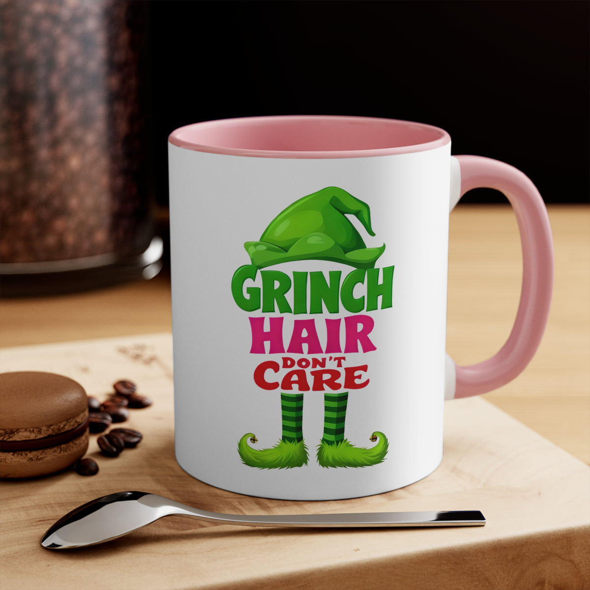 Christmas accent mug, white with pink rim and handle; Grinch character slogan on front