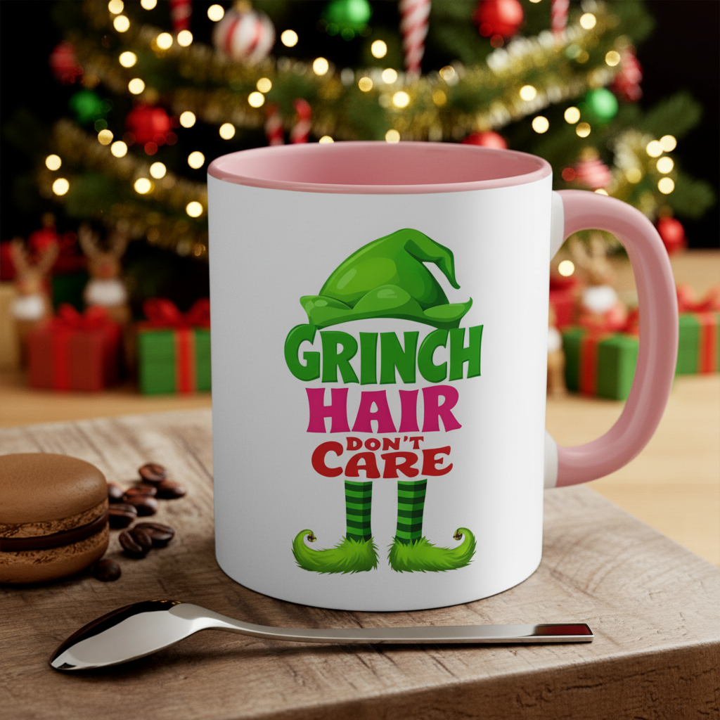 Christmas accent mug, white with pink rim and handle; Grinch 'Hair Don't Care' graphic