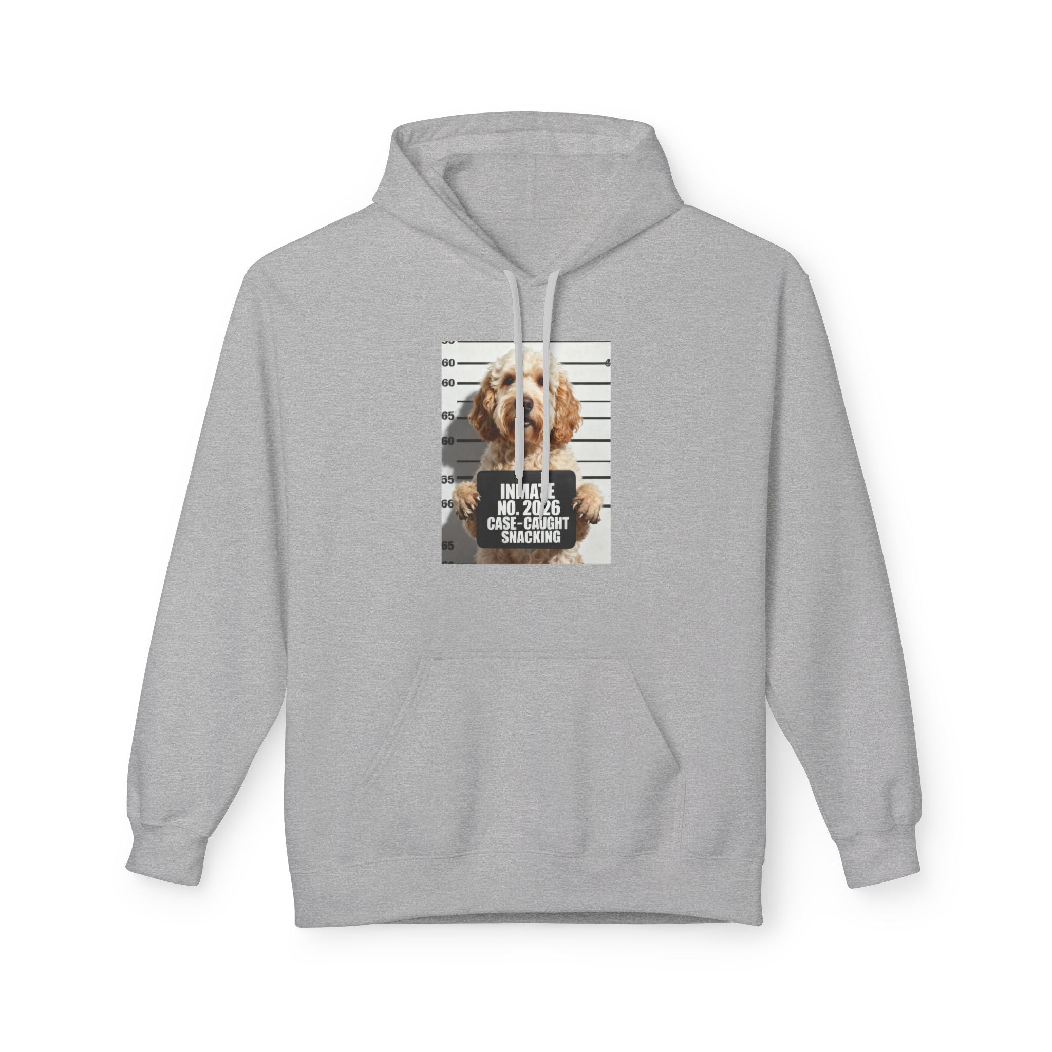 Light grey hoodie with front hood and centered dog mugshot graphic