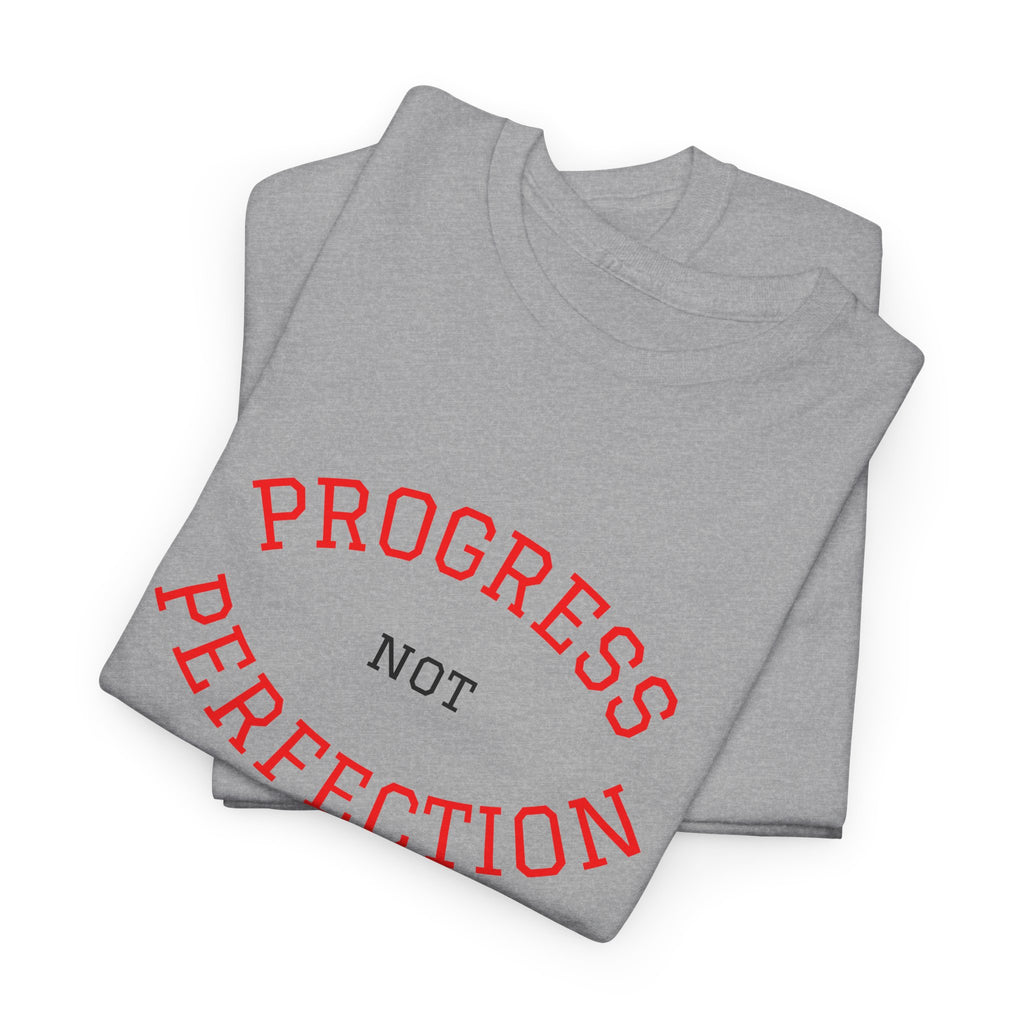 Sport grey unisex cotton T-shirt stack with red "Progress not Perfection" print