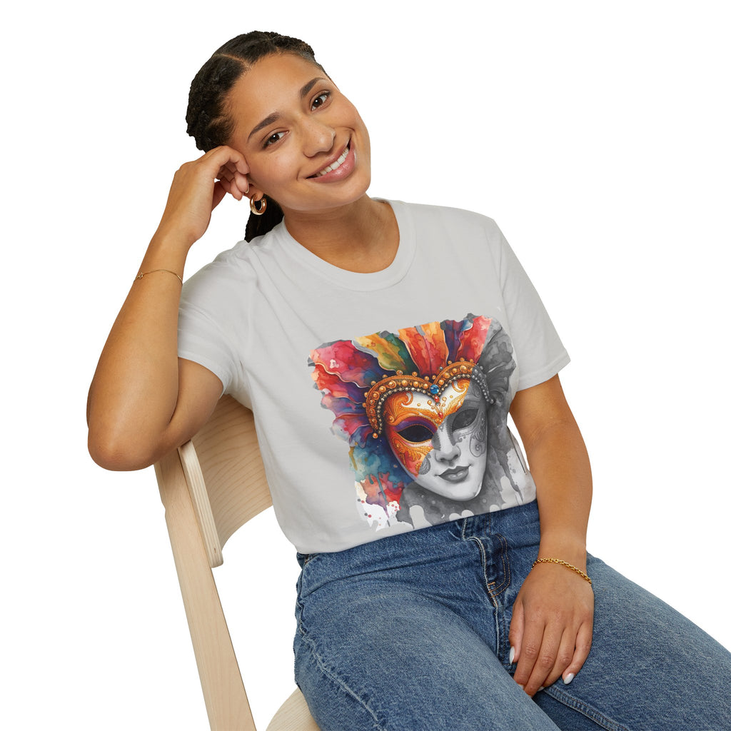 Masquerade Face T-shirt in white with colorful watercolor masquerade mask graphic on chest