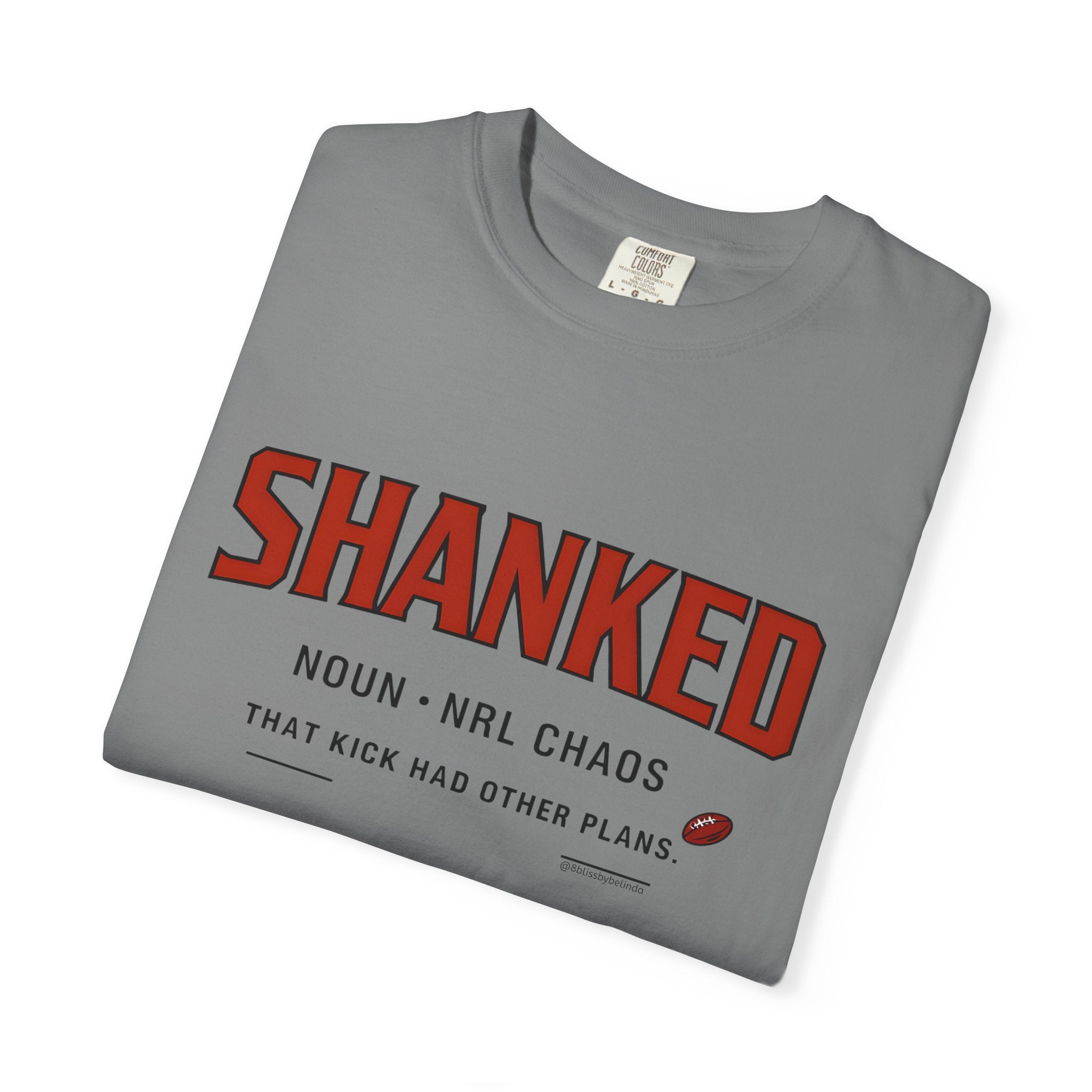 Dark grey crewneck T-shirt, front print with red "SHANKED" and smaller slogan lines
