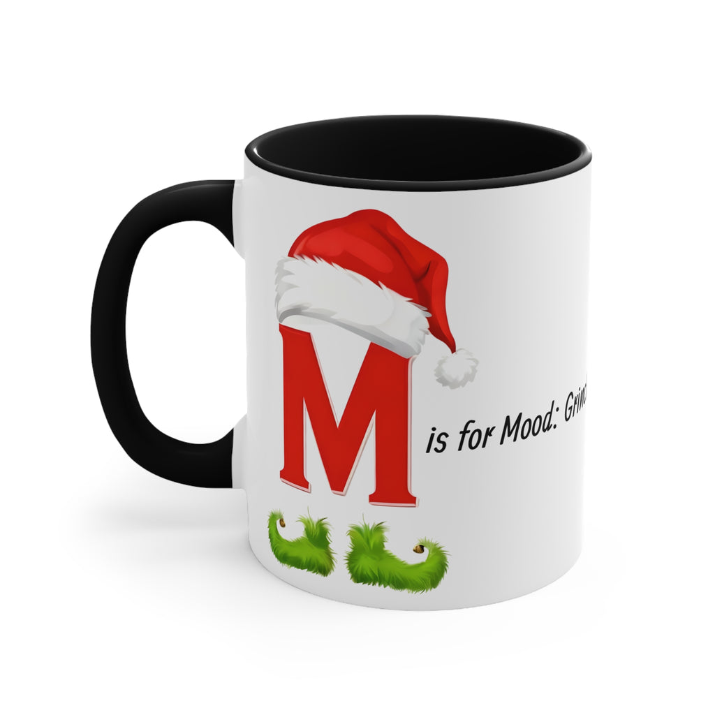 Letter M Christmas mug, black handle; red hat and green whiskers graphic