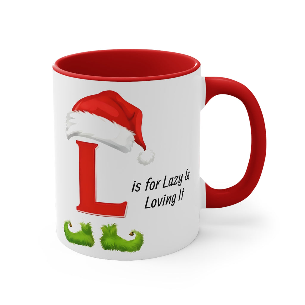 Christmas letter L mug, white with red handle; front view shows red L, Santa hat, green beard.