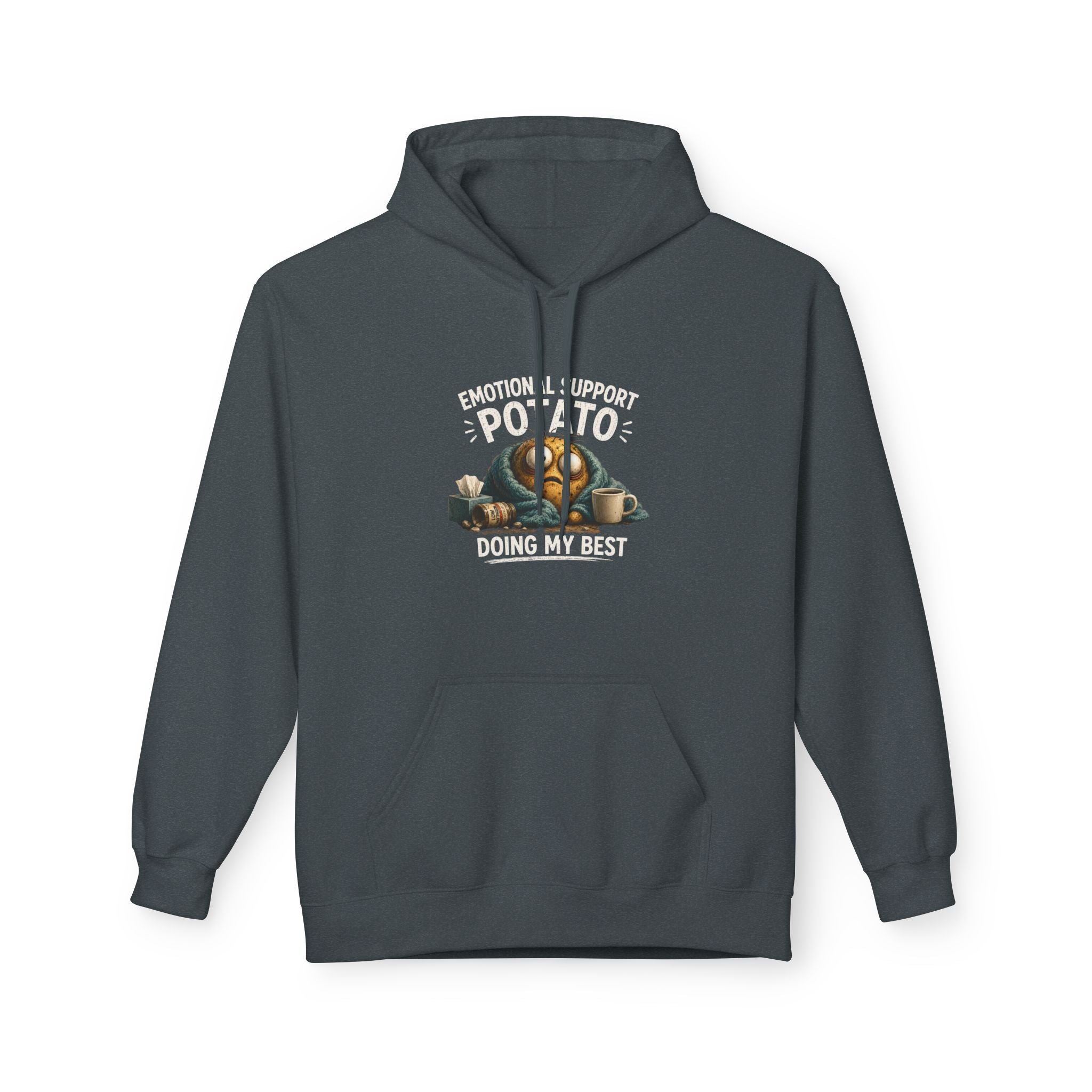 Dark gray pullover hoodie with front potato graphic and "Doing my best" text