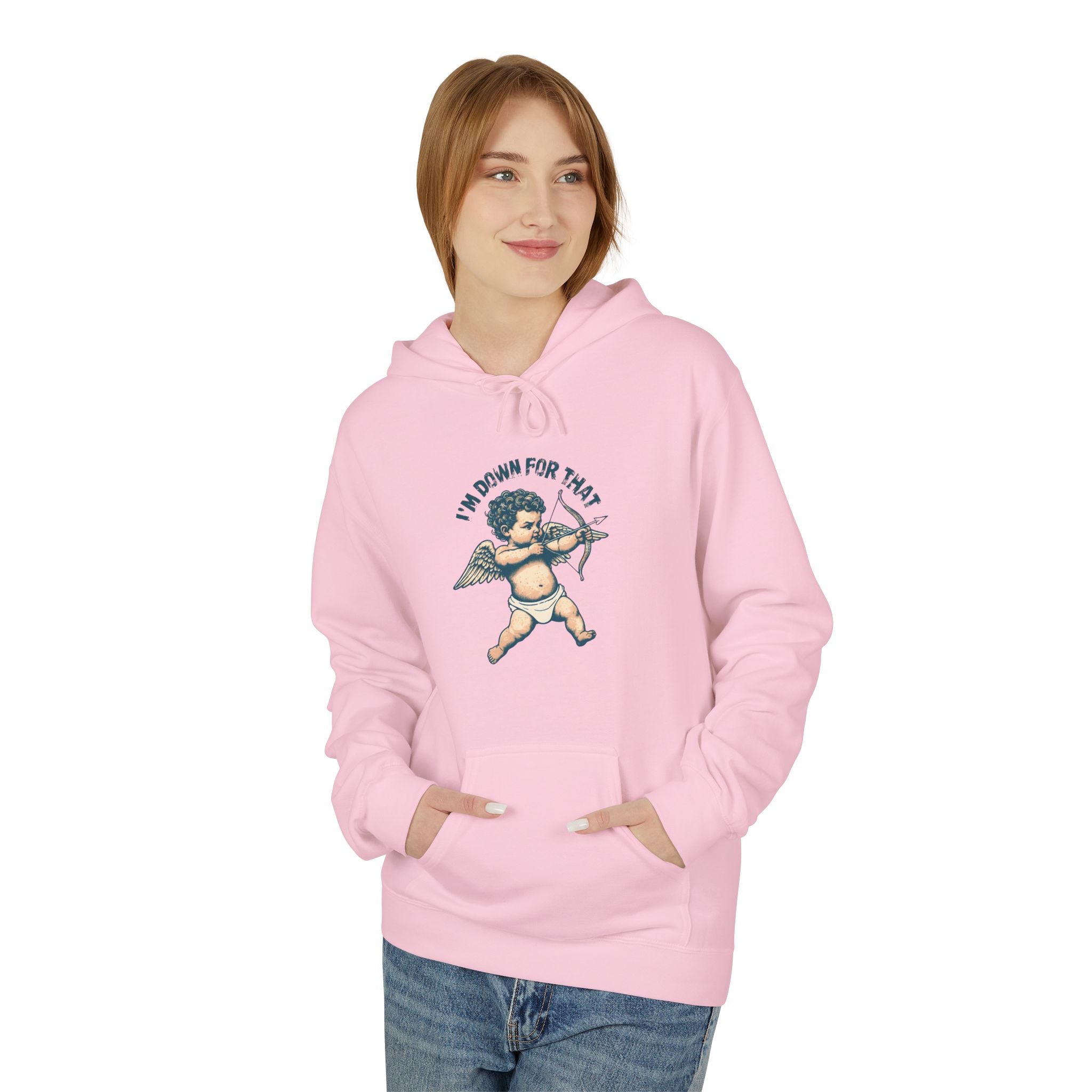Unisex light pink hoodie with drawstring hood, front pocket, and cupid graphic.