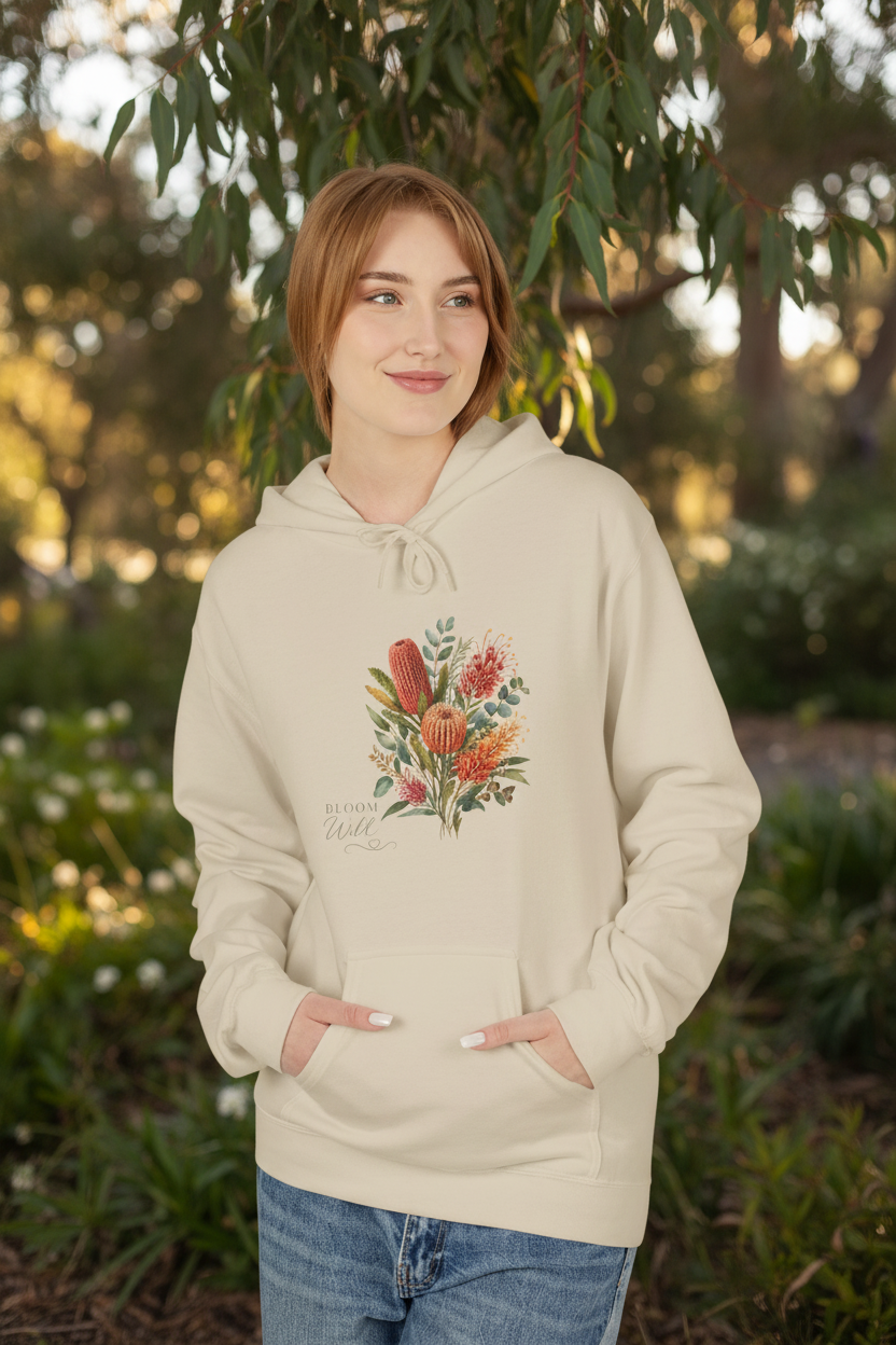 Light sand floral bouquet hoodie with watercolor wildflower graphic and front pouch