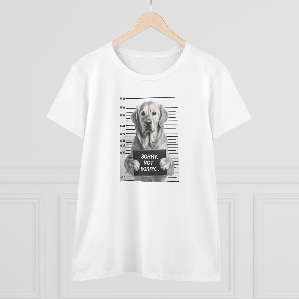 White cotton T-shirt with grayscale dog mugshot print, 'SORRY NOT SORRY...'