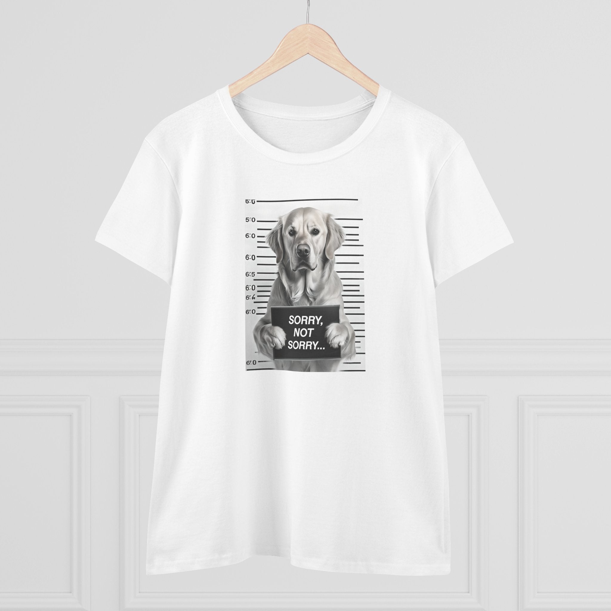 White cotton T-shirt with grayscale dog mugshot print, 'SORRY NOT SORRY...'