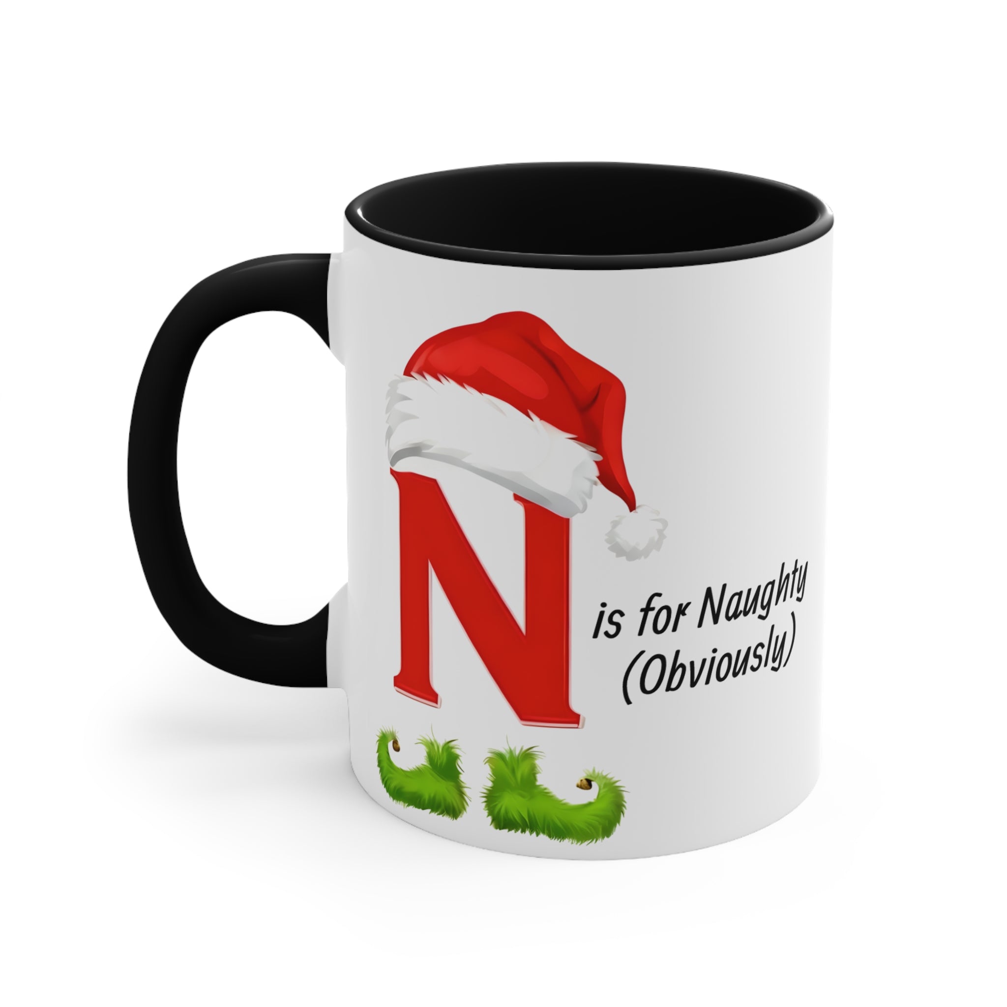 White mug with black handle, Santa-hat N and 'is for Naughty (Obviously)' on front