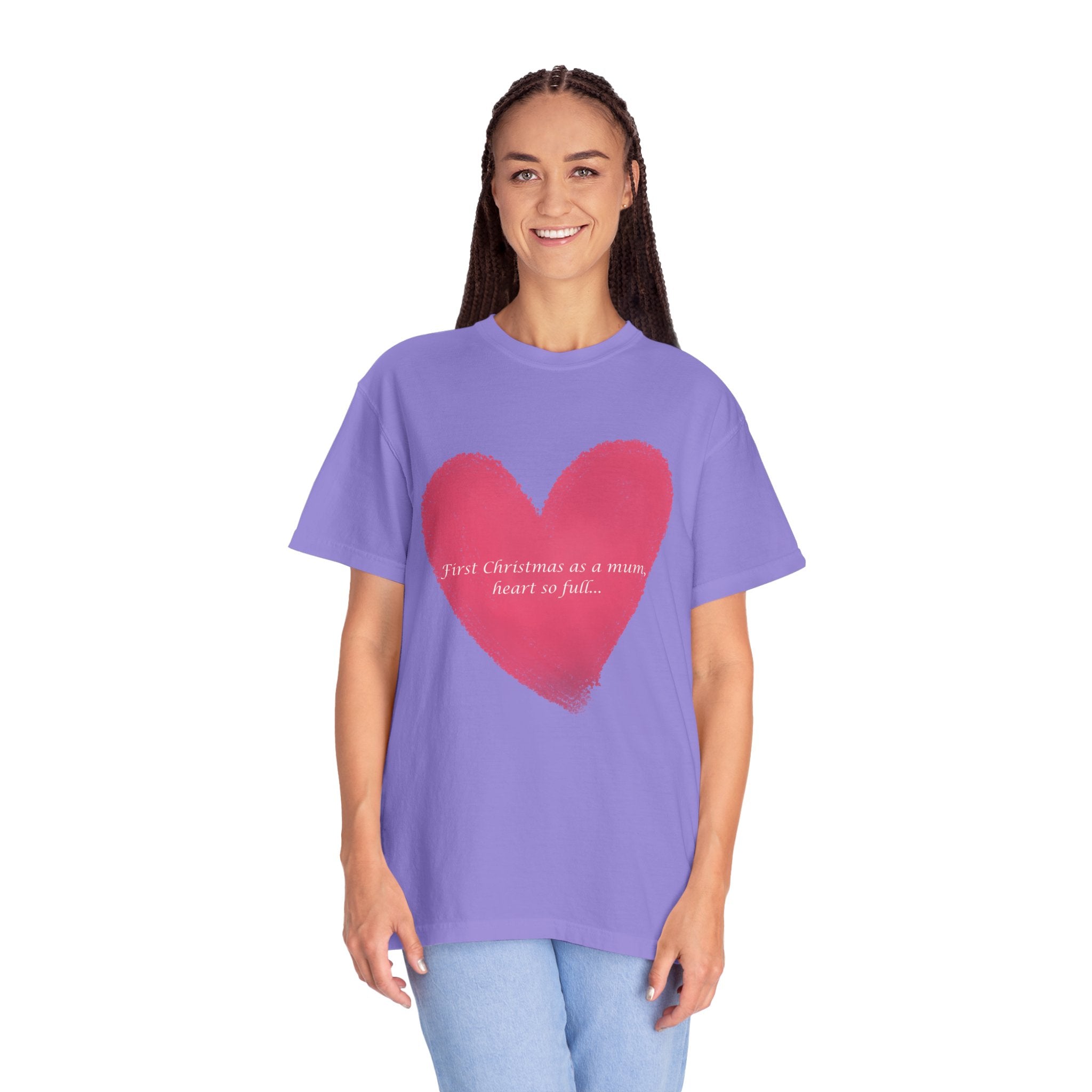 Lavender crewneck T-shirt with pink heart brushstroke graphic and “First Christmas as a mum” text