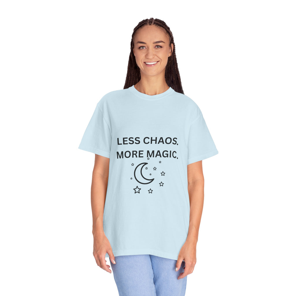 Less Chaos, More Magic T-Shirt — Crescent Moon + Stars Graphic Tee