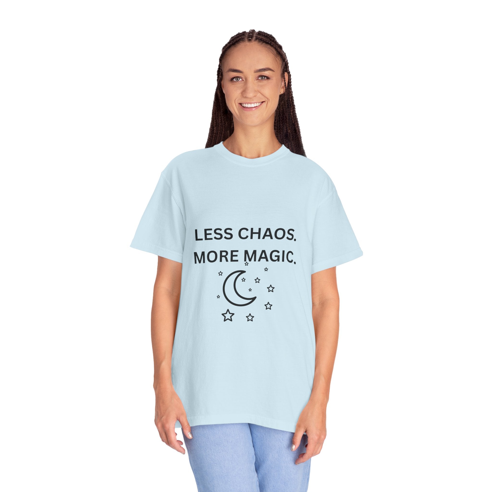 Less Chaos, More Magic T-Shirt — Crescent Moon + Stars Graphic Tee