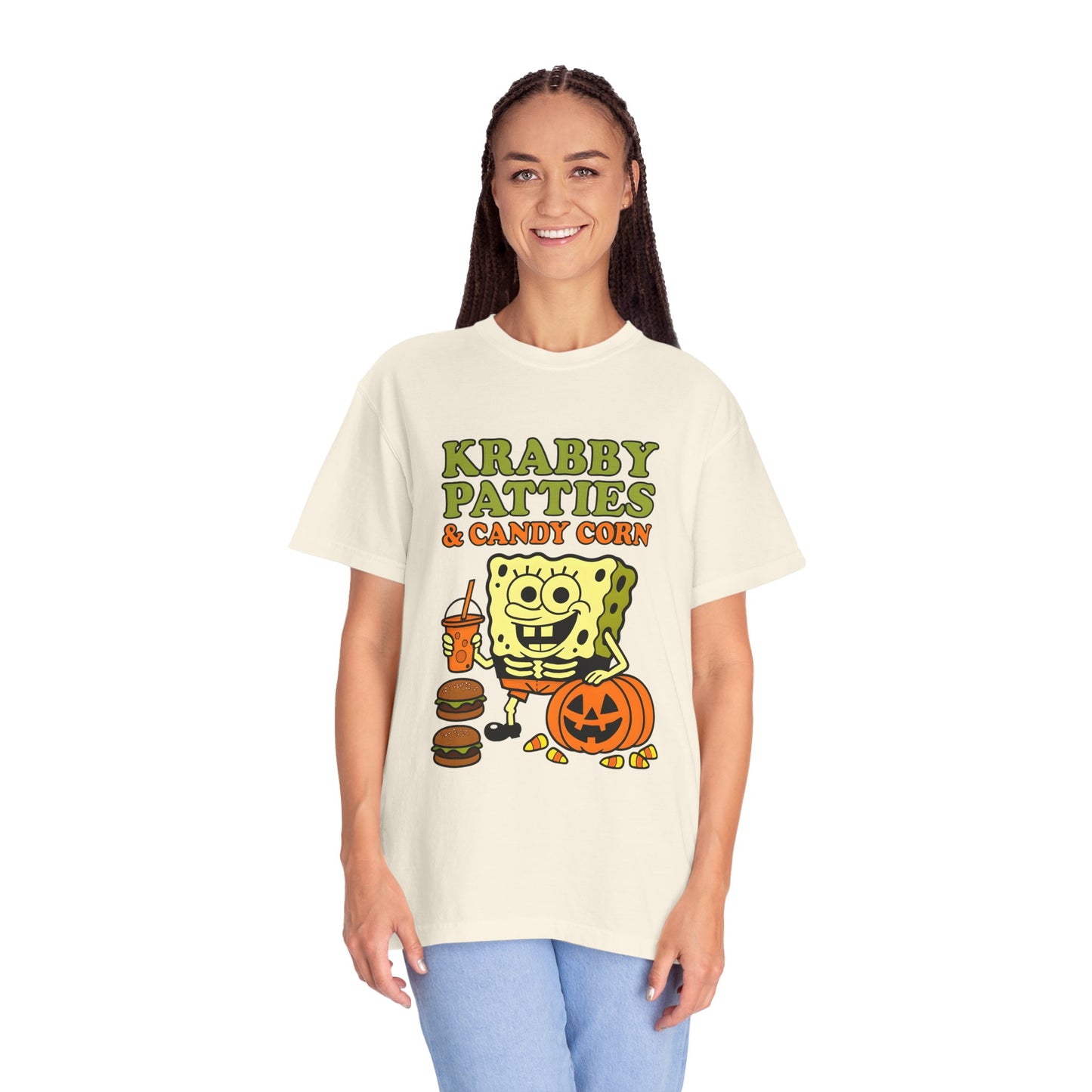 Krabby Patties & Candy Corn T-Shirt, Fun Halloween Tee, Unisex Graphic Shirt, Cute Gift for Halloween, Spooky Season Apparel