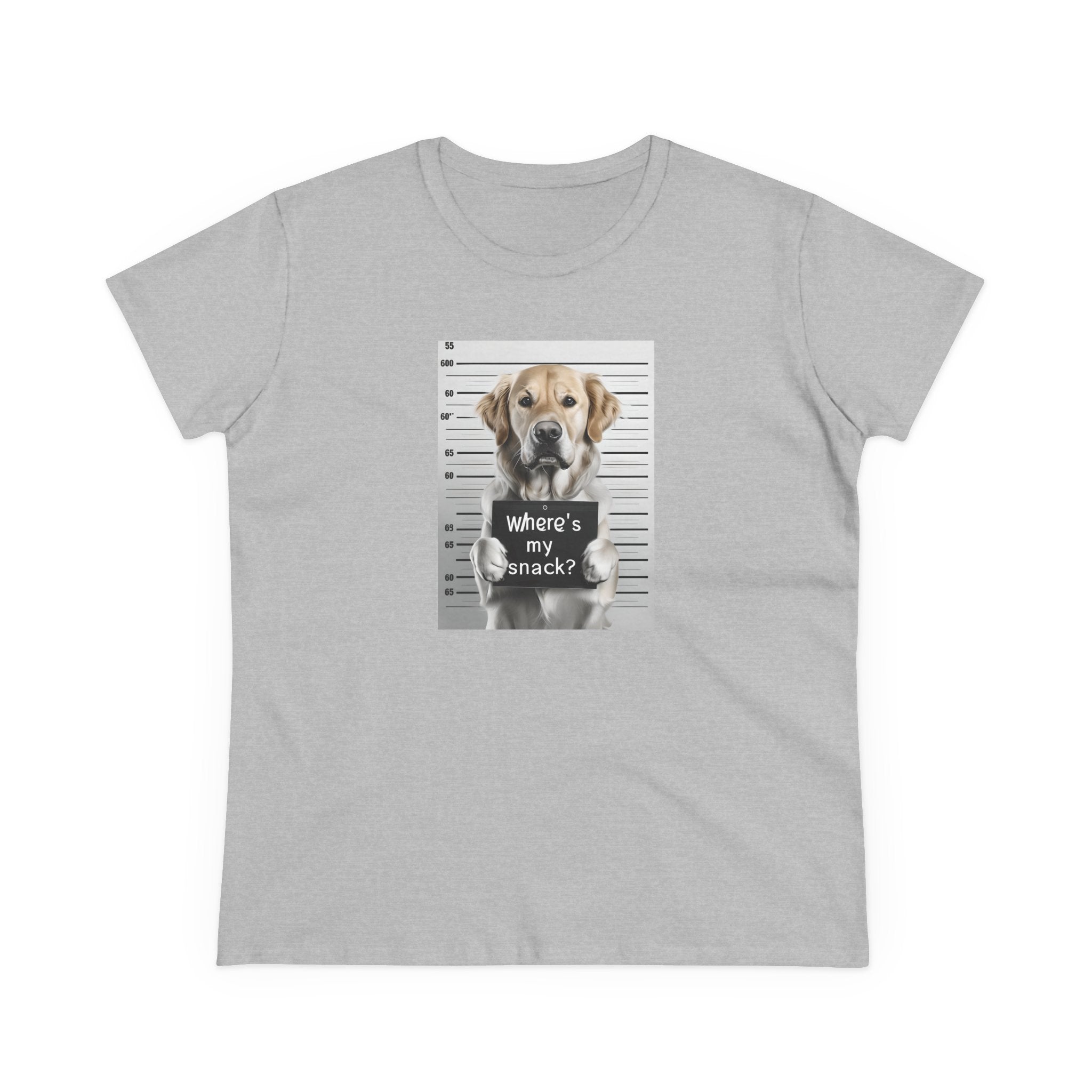 Heather gray dog graphic T-shirt with “where’s my snack?” text in centered print