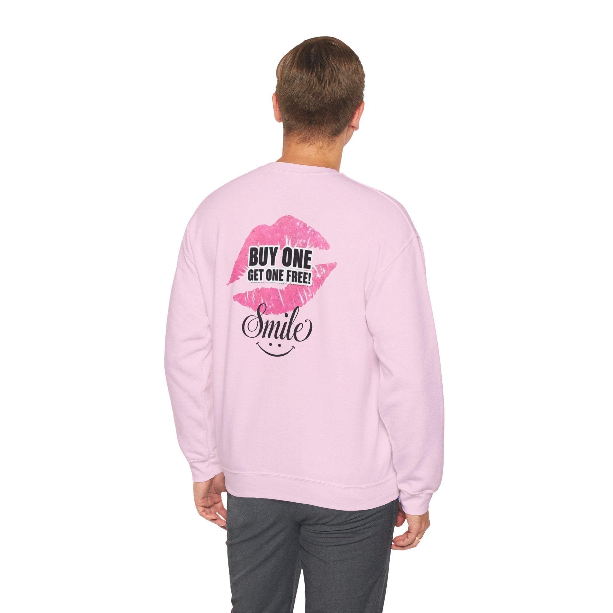 Light pink crewneck sweatshirt, back graphic with “Buy One Get One Free” and smile
