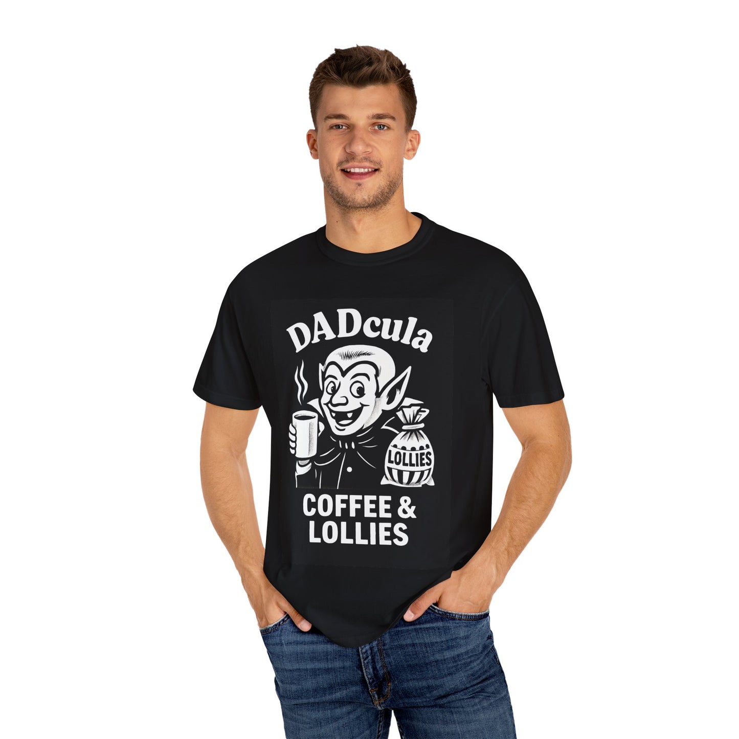 DADcula Coffee & Lollies T-Shirt - Funny Halloween Gift, Unisex Tee, Great for Dads, Coffee Lovers, Spooky Season