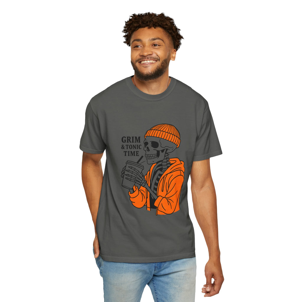 Gray unisex graphic tee with orange beanie skull holding a drink, Grim & Tonic Time