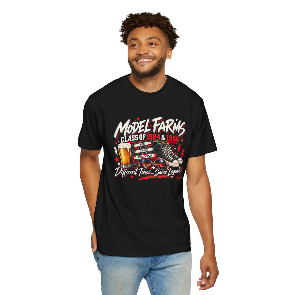 Black crewneck T-shirt with front retro “Model Farms” class graphic and logo print
