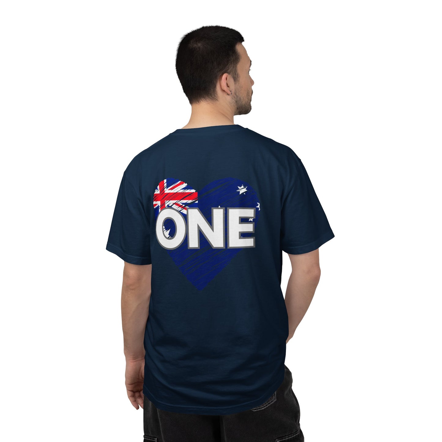 Unisex ONE Together Heart T-Shirt — "We Are All In This Together" Front Text, Australian Flag One Back Design