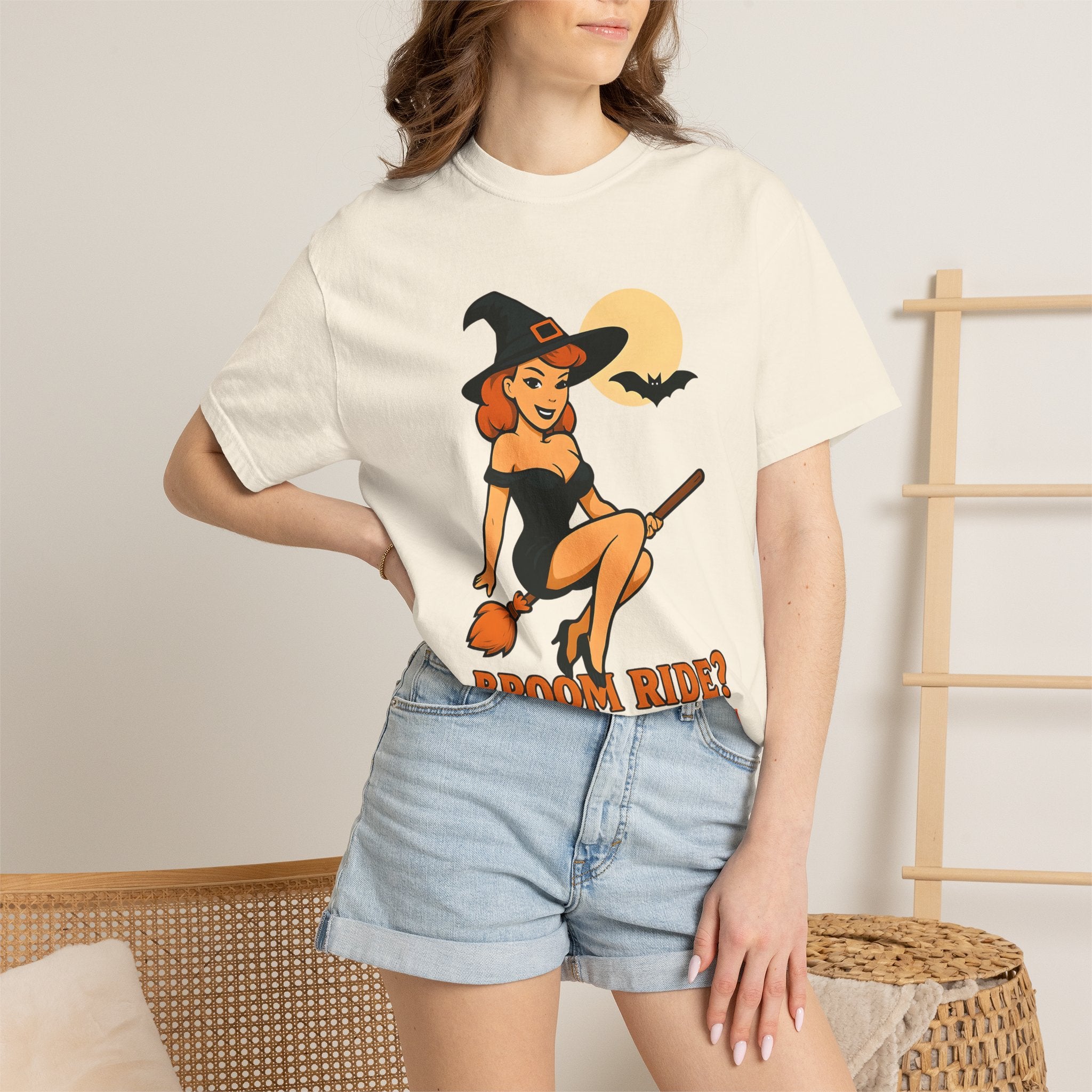 Witch Pinup Tee - "Broom Ride? Enquire Within" Halloween Graphic Shirt
