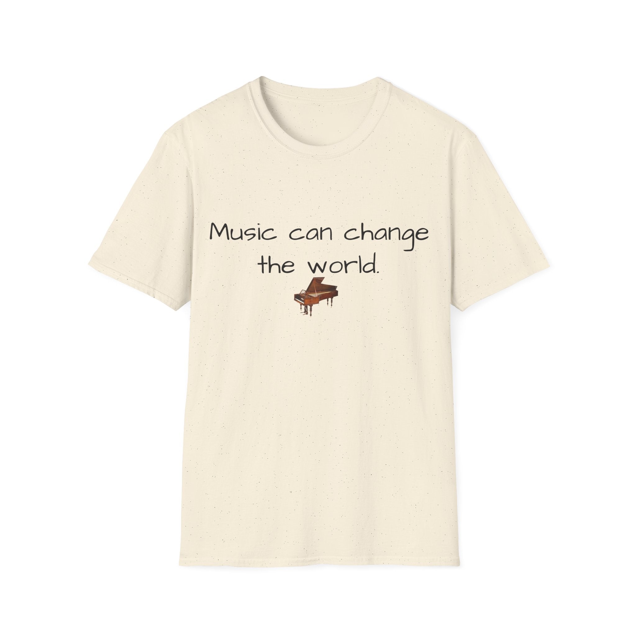 Natural cream unisex T-shirt with 'Music can change the world' text and piano graphic