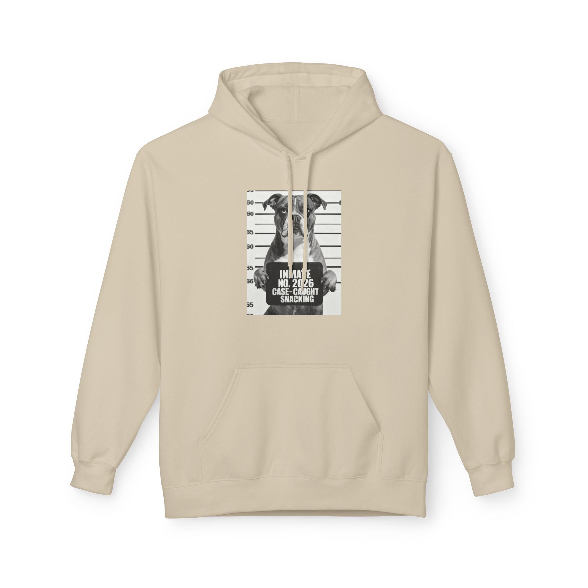Sand hoodie with drawstring hood and kangaroo pocket, dog mugshot graphic on chest.