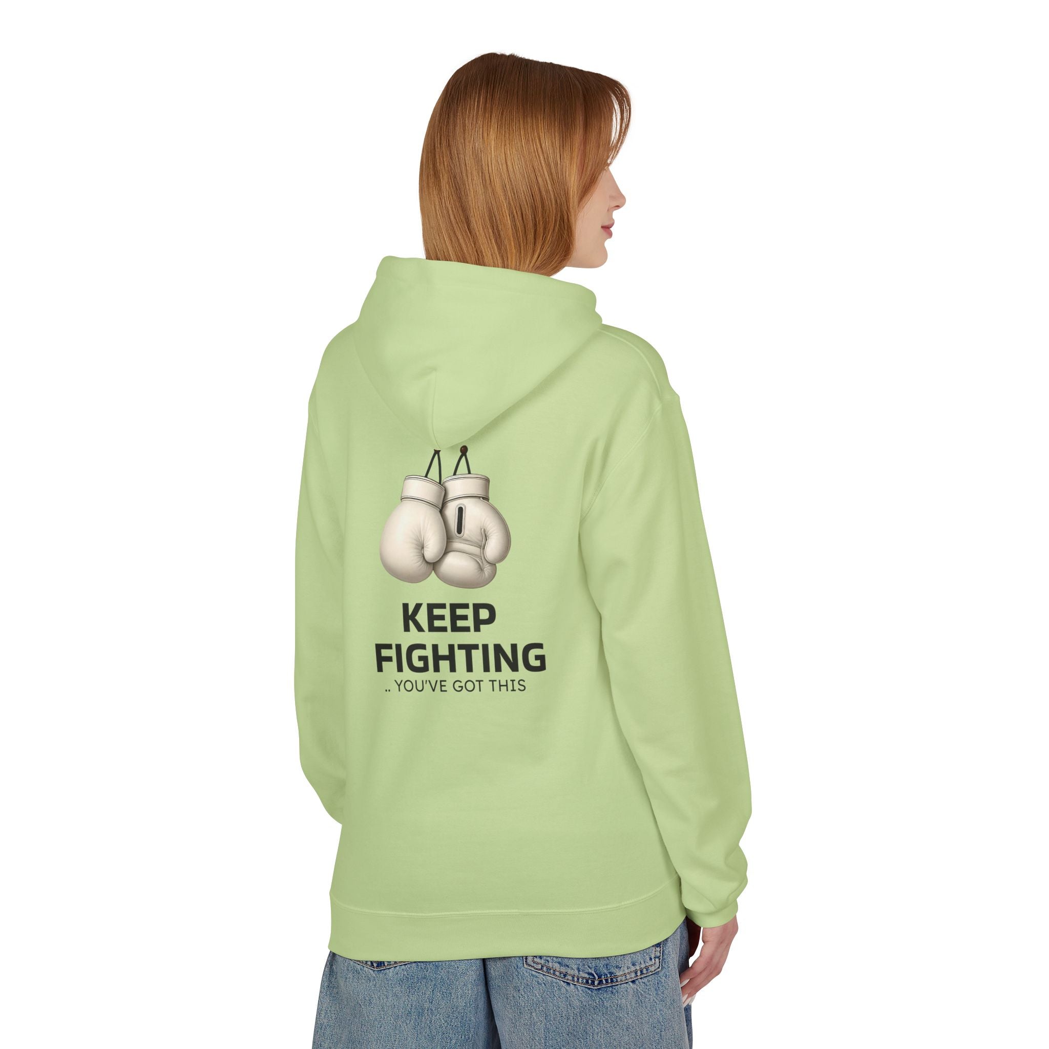 Light green hoodie with back boxing-glove graphic and “KEEP FIGHTING” text