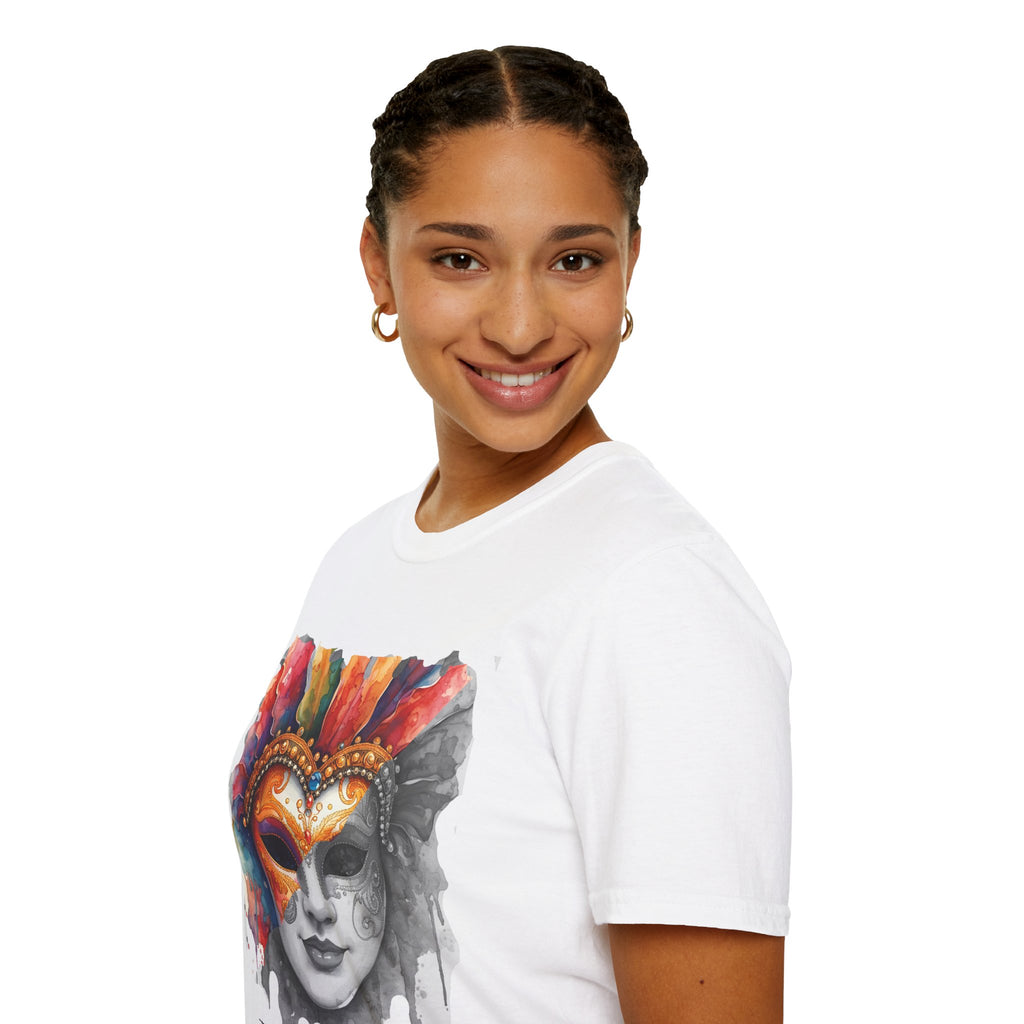 White face T-shirt worn by model; watercolor mask artwork on chest