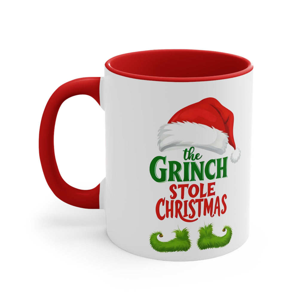 Red interior mug with white body and red handle; Grinch Stole Christmas graphic.