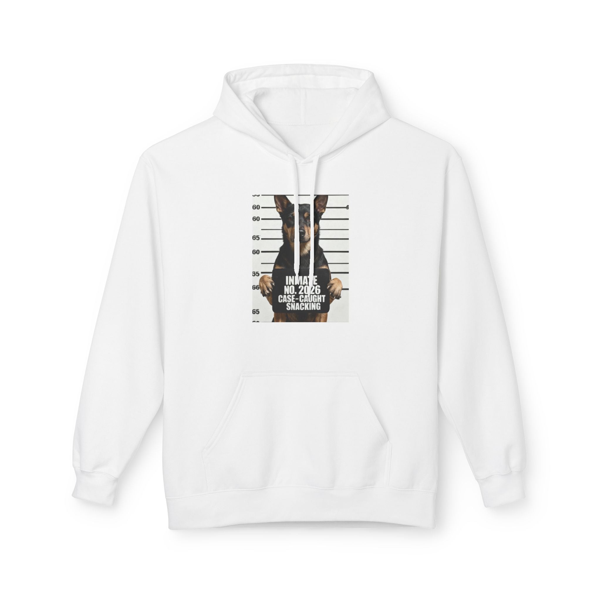 White hoodie with front kangaroo pocket and centered dog graphic print on chest