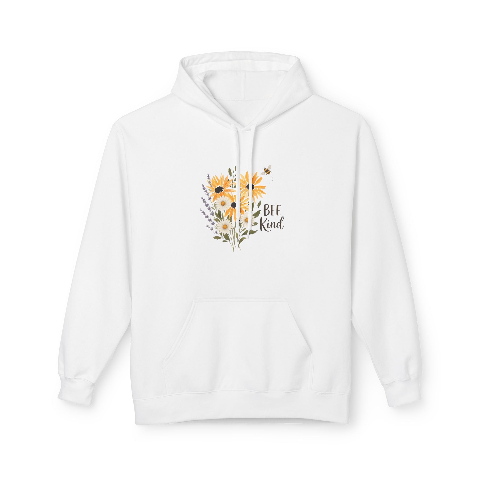 White floral bee hoodie with kangaroo pocket and drawstring hood